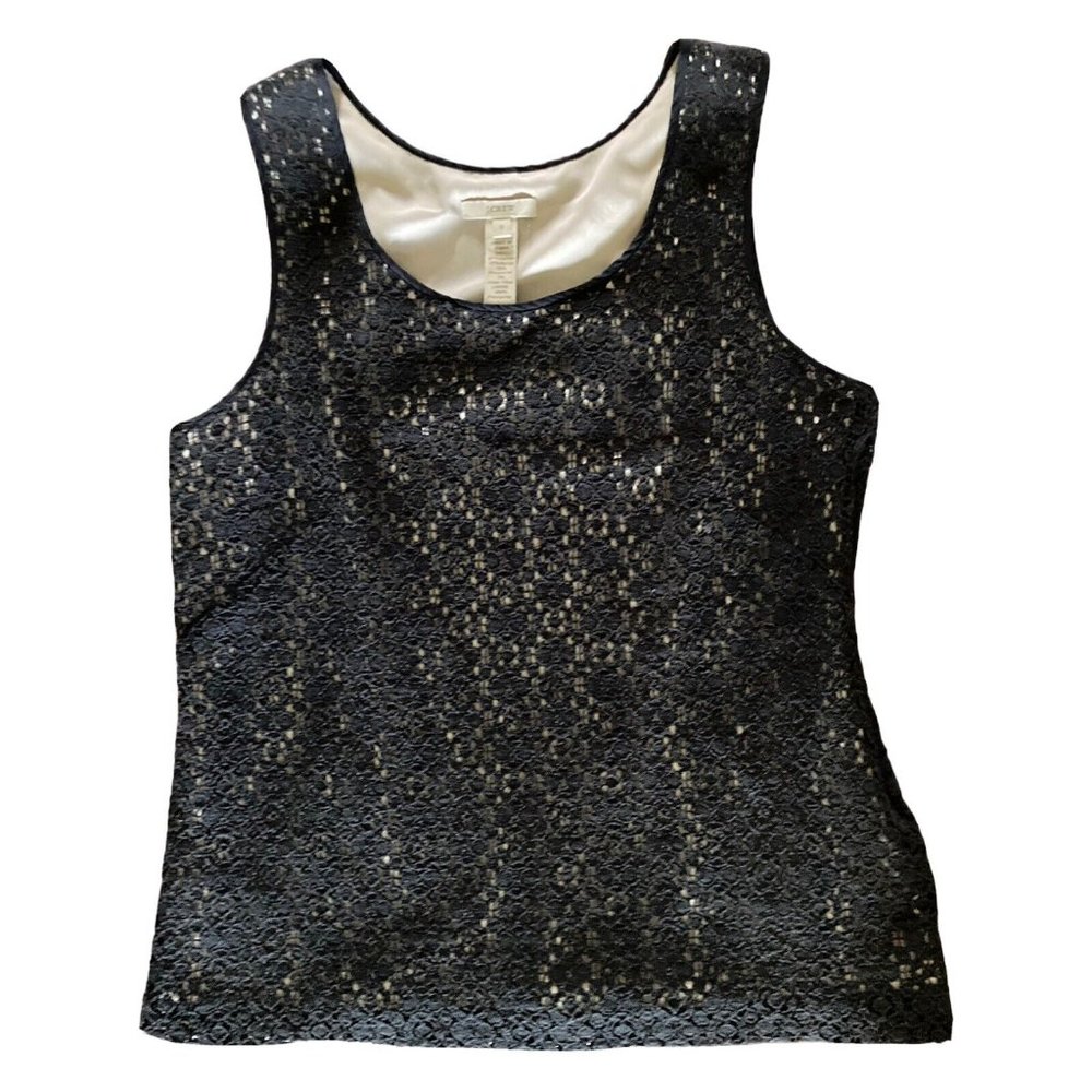 J. Crew Black Sleeveless Top Size 0 Lace Overlay Lined Women’s Tank